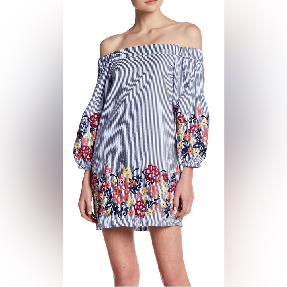 Romeo & Juliet Couture Blue Striped Floral Embroidered Dress Med